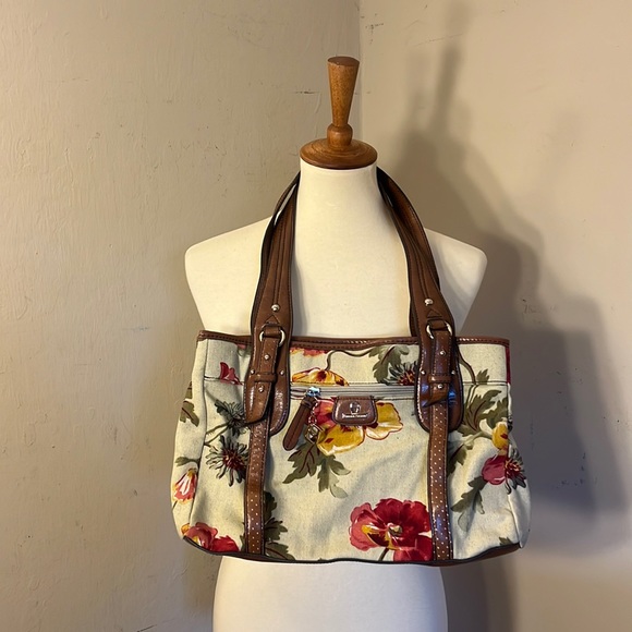 Etienne Aigner Tan Floral Print Canvas & Leather Tote Handbag - Picture 1 of 14